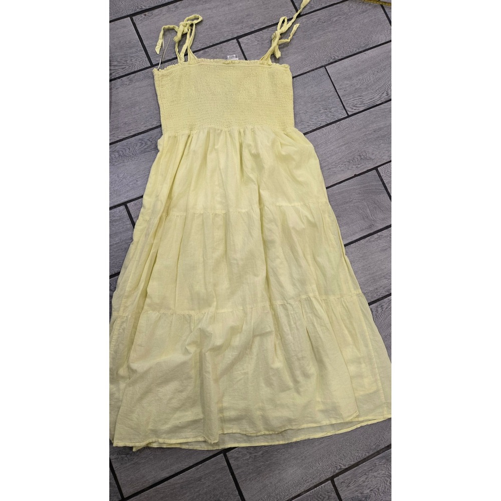 Republic Yellow Cotton Smocked Tiered Midi Dress Tie Straps L - Picture 5 of 6